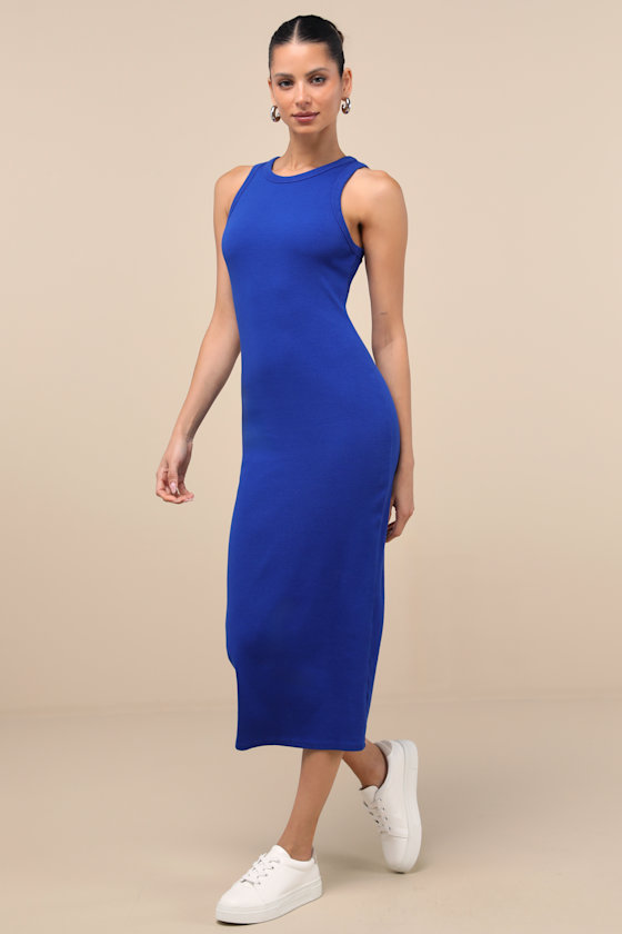 Lulus Majorly Trendy Cobalt Blue Ribbed Bodycon Midi Dress