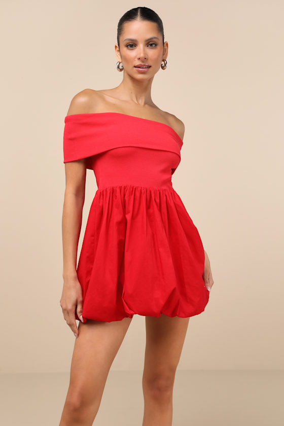 Launi Red Mixed Media Off-the-Shoulder Mini Dress 1