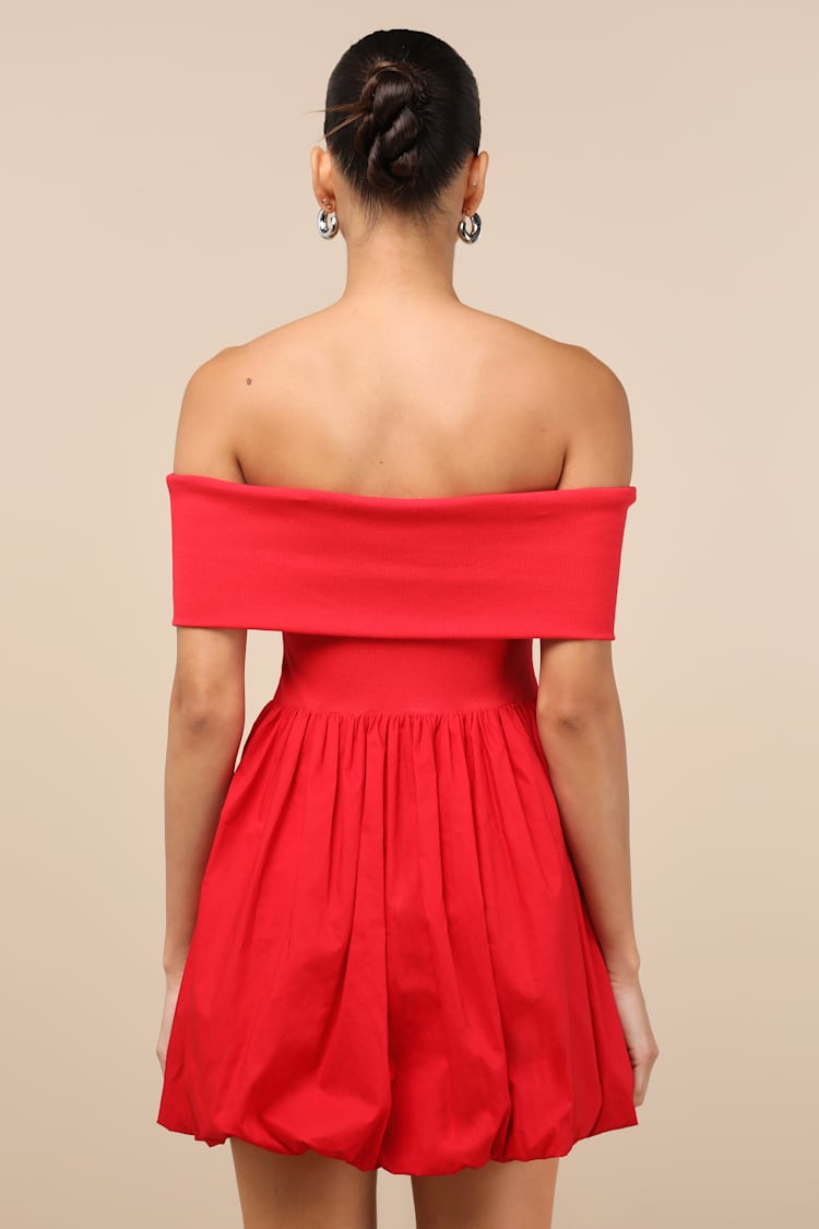 Launi Red Mixed Media Off-the-Shoulder Mini Dress