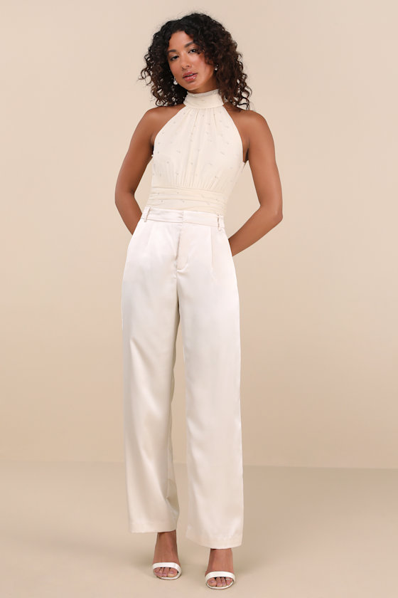 Lulus Pierina Cream Mesh Pearl Mock Neck Bodysuit