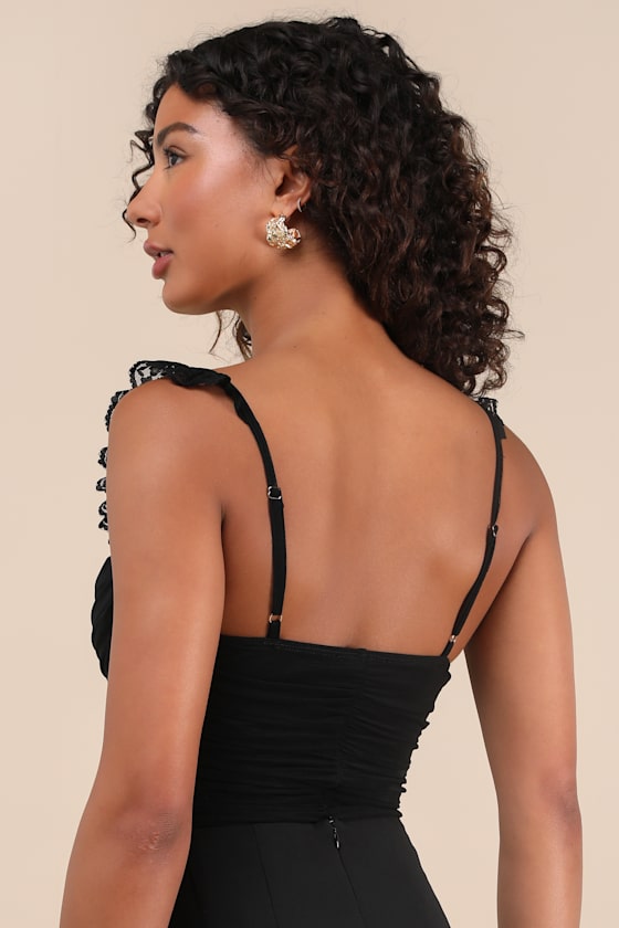 Lulus Norina Black Mesh Ruched Ruched Lace Bodysuit