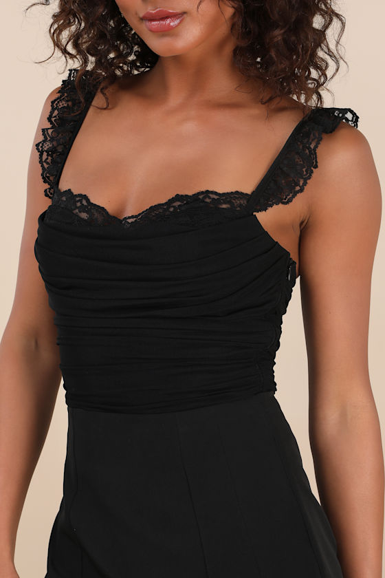 Lulus Norina Black Mesh Ruched Ruched Lace Bodysuit