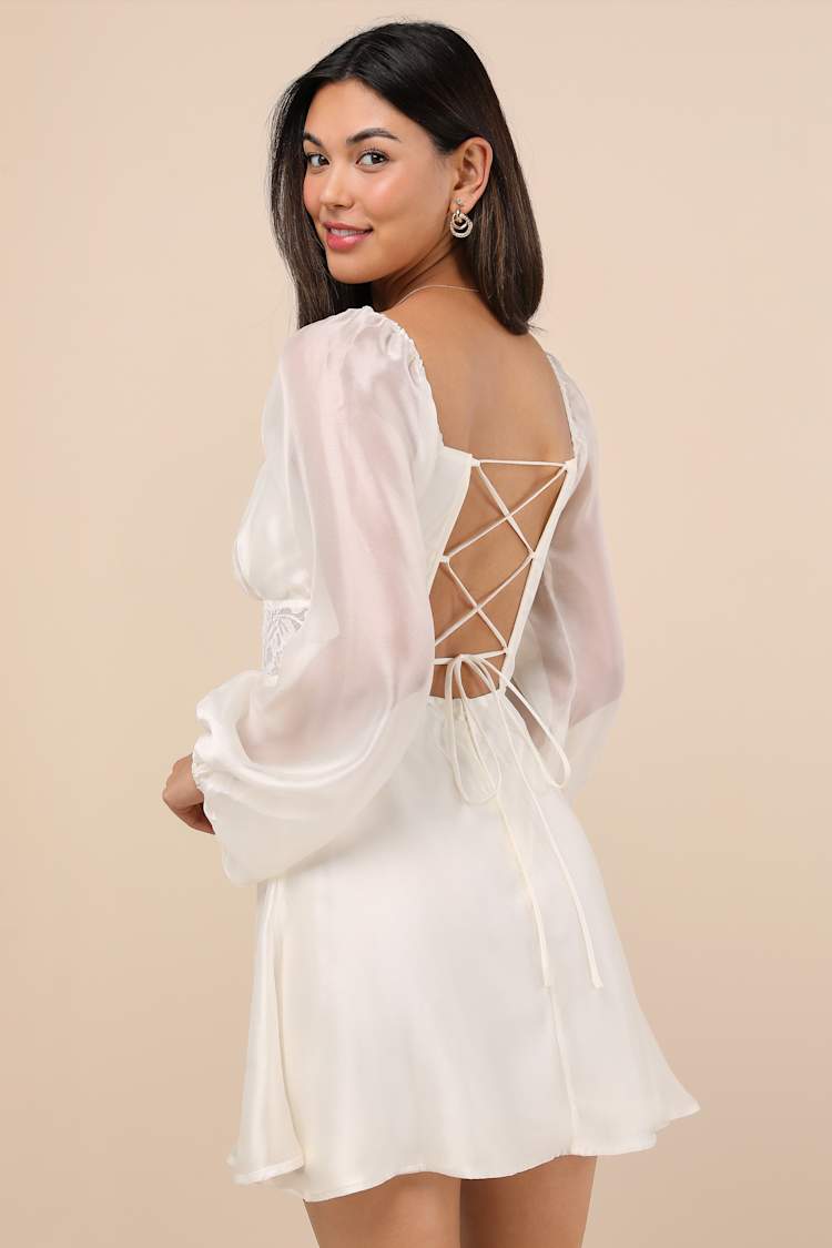 Medora Ivory Long Sleeve Lace-Up Mini Dress