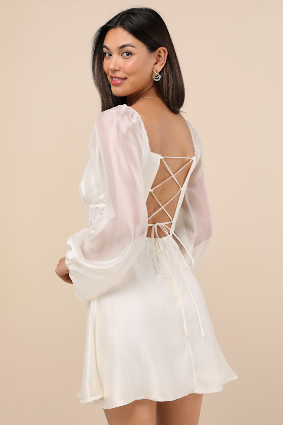 Medora Ivory Long Sleeve Lace-Up Mini Dress 1