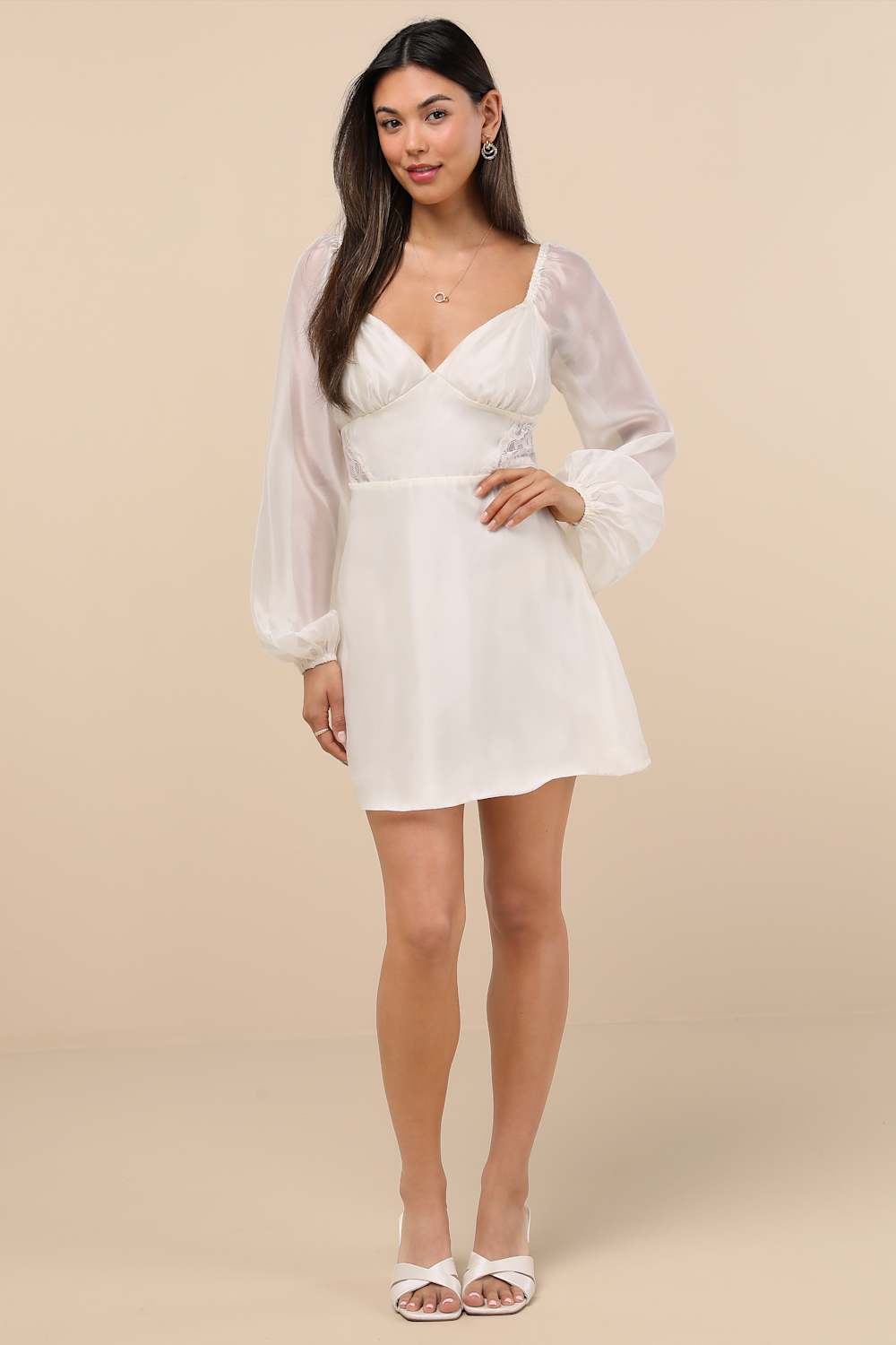 Medora Ivory Long Sleeve Lace-Up Mini Dress