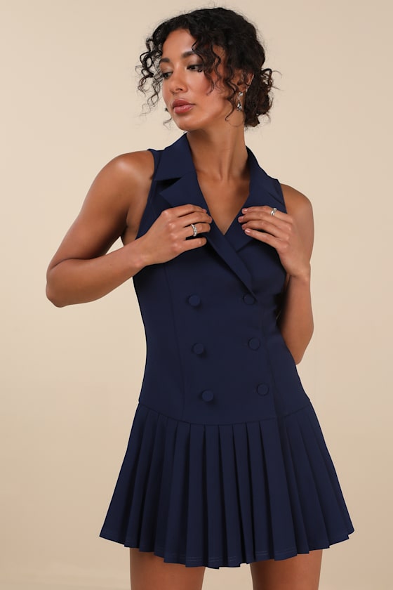 Lulus Posh Vision Navy Sleeveless Blazer Pleated Mini Dress