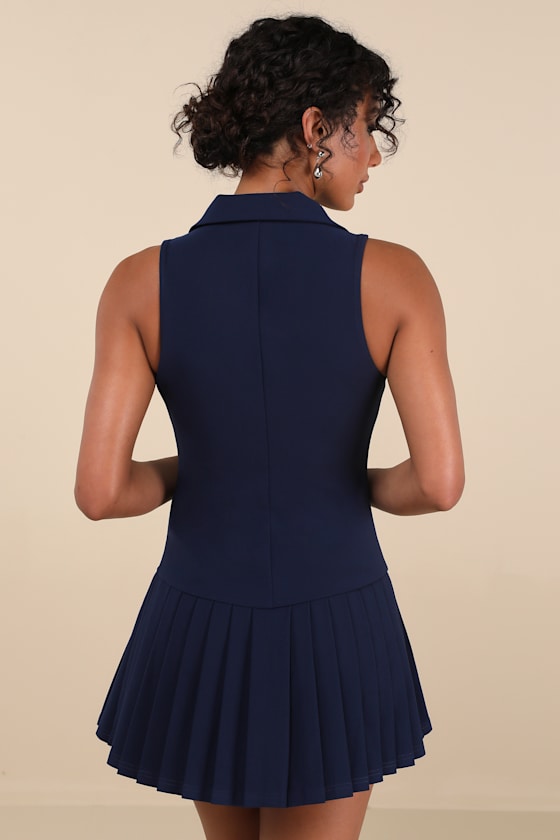 Posh Vision Navy Sleeveless Blazer Pleated Mini Dress 2
