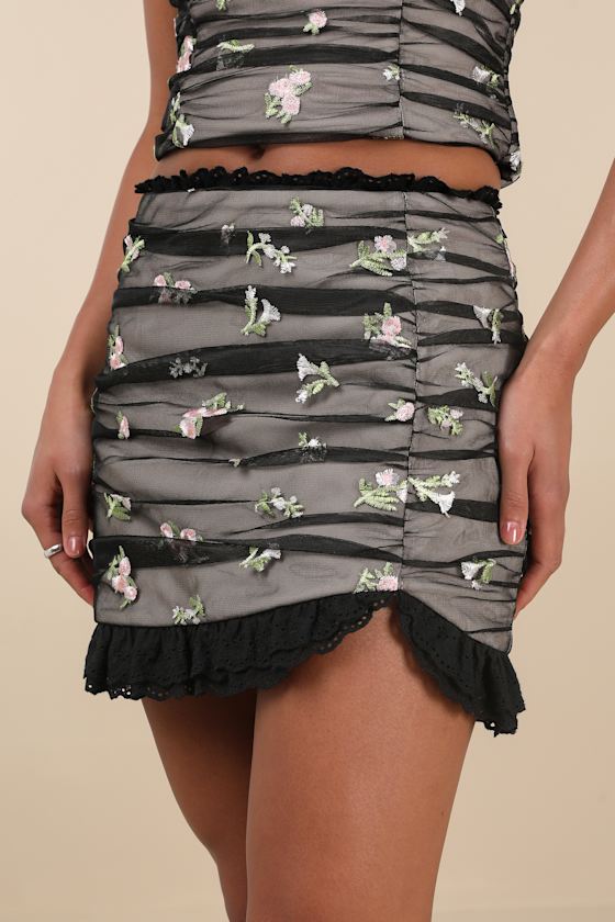 Lulus Terese Black Mesh Floral Embroidered Mini Skirt