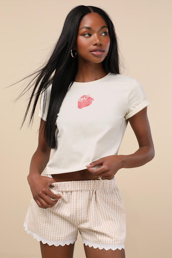 Lulus Marija Beige Gingham Scalloped Shorts
