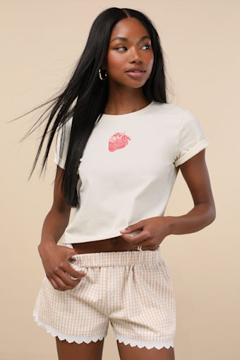 Marija Beige Gingham Scalloped Shorts 2