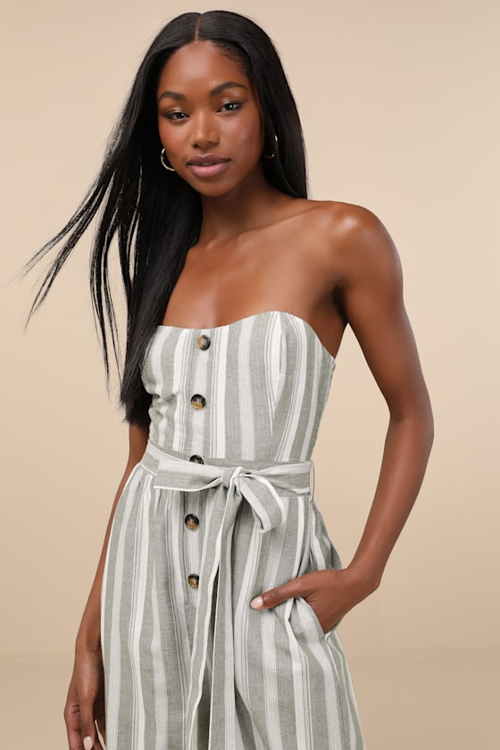 Lulus Sunny Day Classic Sage And White Striped Strapless Jumpsuit