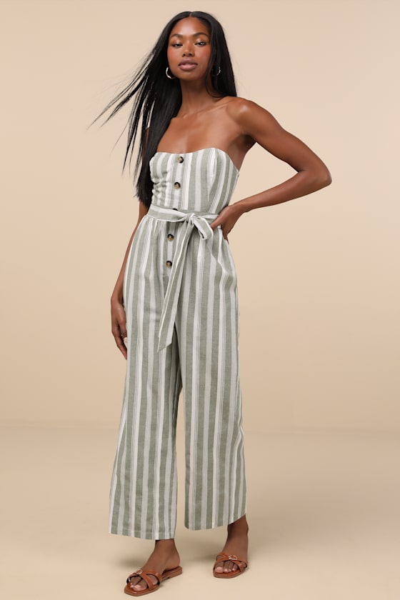 Lulus Sunny Day Classic Sage And White Striped Strapless Jumpsuit