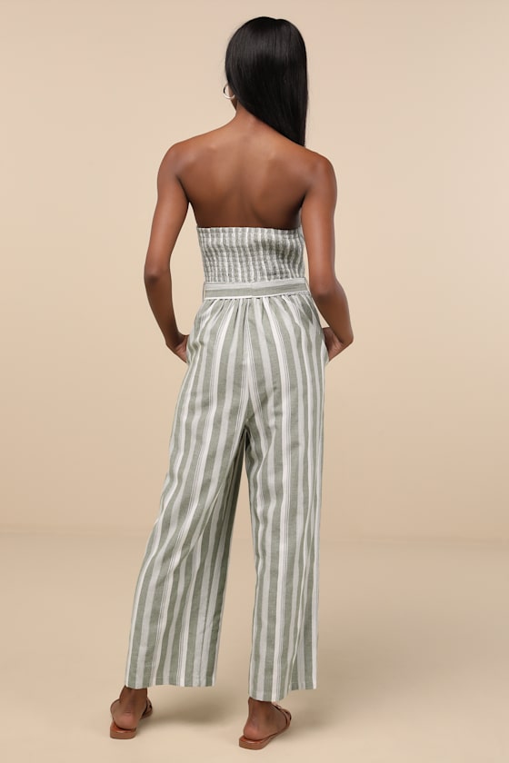 Lulus Sunny Day Classic Sage And White Striped Strapless Jumpsuit