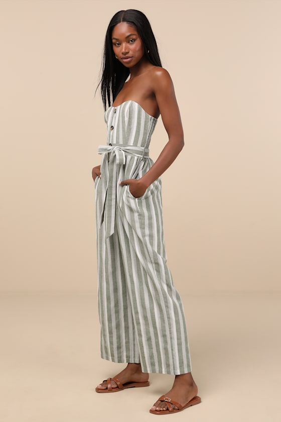 Lulus Sunny Day Classic Sage And White Striped Strapless Jumpsuit
