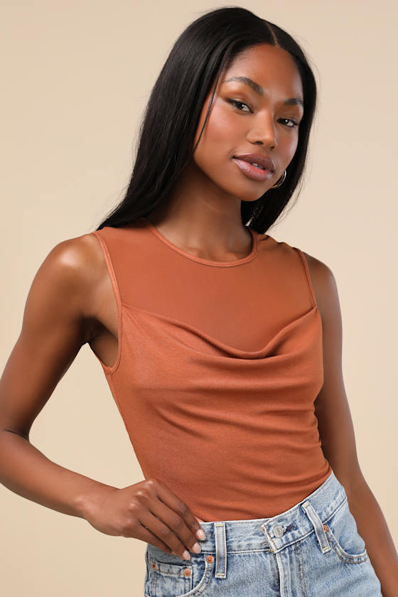 Lulus Corrine Rust Orange Mesh Cowl Tank Top