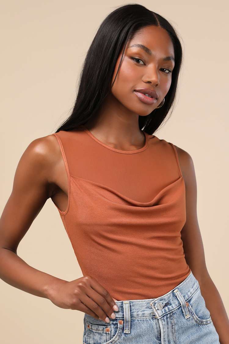 Rust Orange Tank Top - Mesh Décolletage Top - Cowl Front  display picture 1