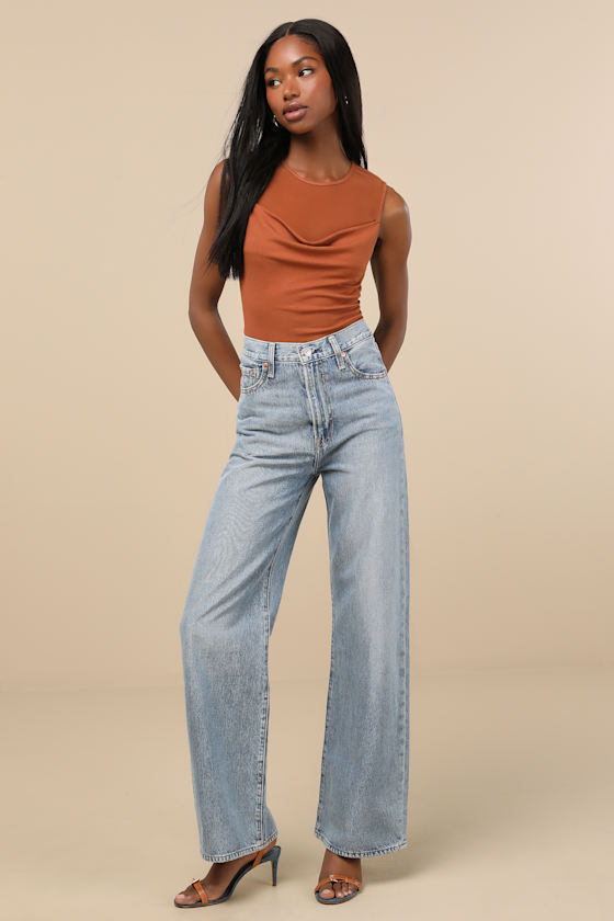 LULUS CORRINE RUST ORANGE MESH COWL TANK TOP 