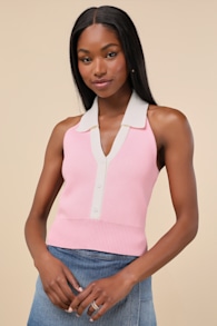 Ameliah Pink and White Collared Sweater Tank Top 1