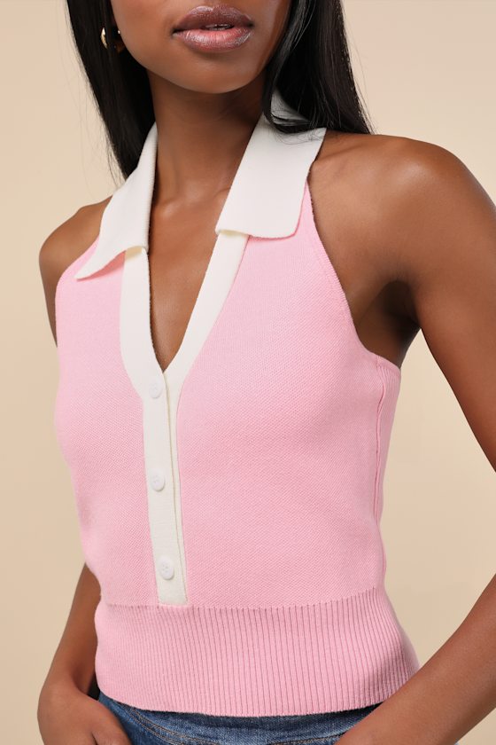 Lulus Ameliah Pink And White Collared Sweater Tank Top