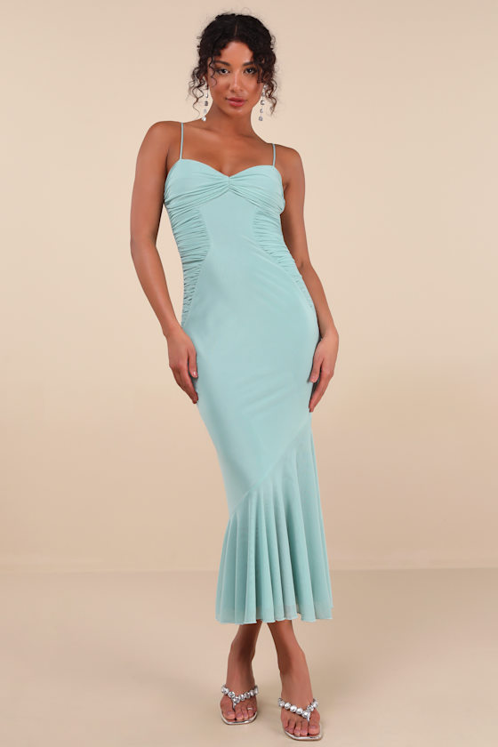 Lulus Giorgina Sage Mesh Gathered Trumpet Midi Dress