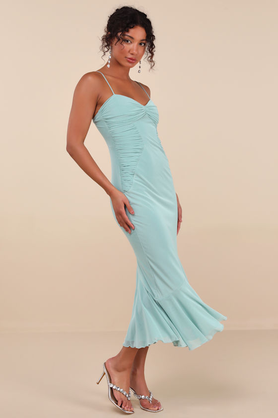 Lulus Giorgina Sage Mesh Gathered Trumpet Midi Dress