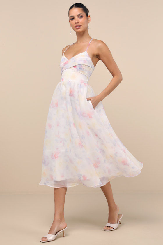 Claudina White Multi Pleated Lace-Up Midi Dress 2