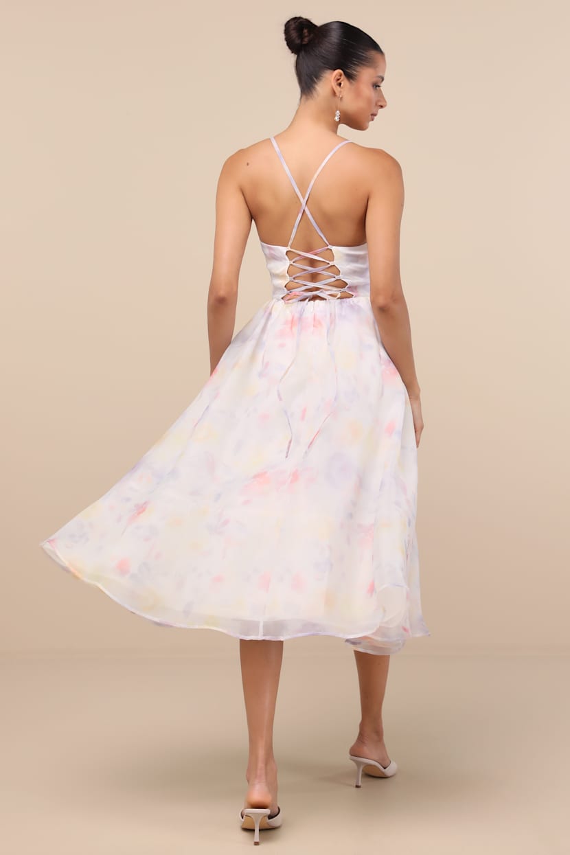 Claudina White Multi Pleated Lace-Up Midi Dress