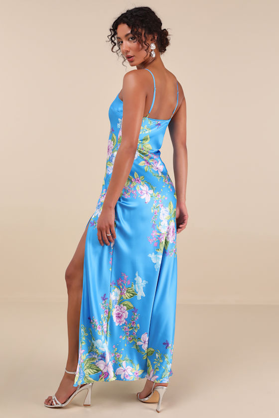 Blue Floral Maxi Dress - Slip Maxi Dress - Blue Satin Maxi Dress - Image 5