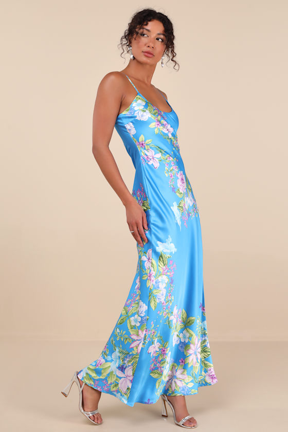 Blue Floral Maxi Dress - Slip Maxi Dress - Blue Satin Maxi Dress - Image 3