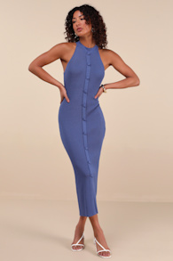 Sunia Blue Sleeveless Button-Front Sweater Midi Dress 1