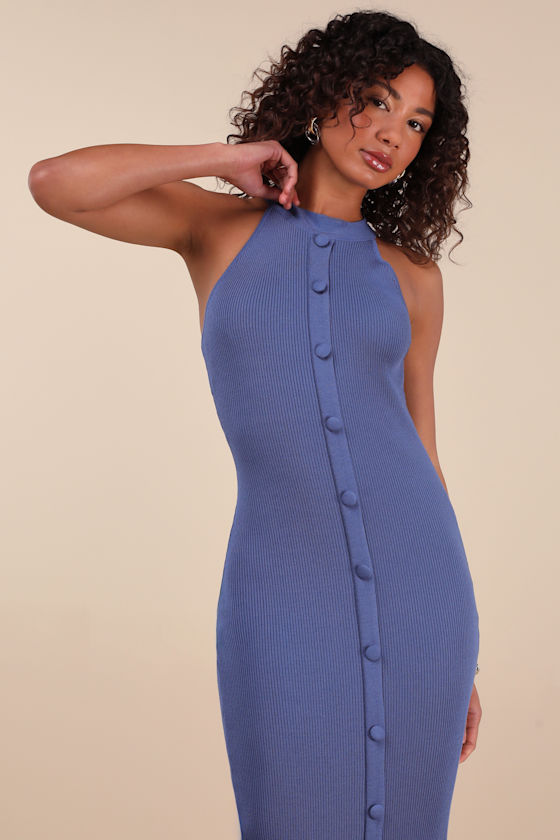 Lulus Sunia Blue Sleeveless Button-front Midi Sweater Dress
