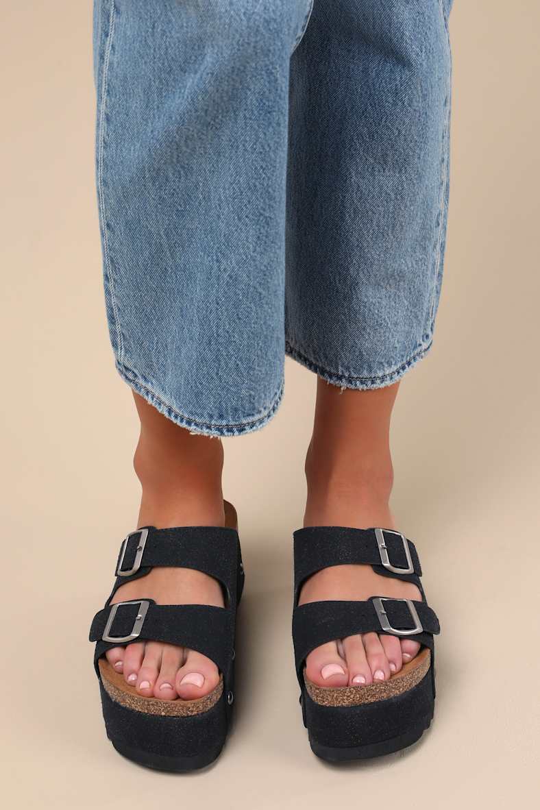 Pueblo Black Suede Platform Buckle Slide Sandals