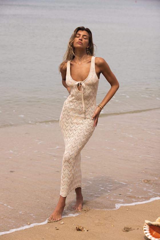 Lulus Cassis Beige Crochet Tie-front Maxi Swim Cover-up In Beige