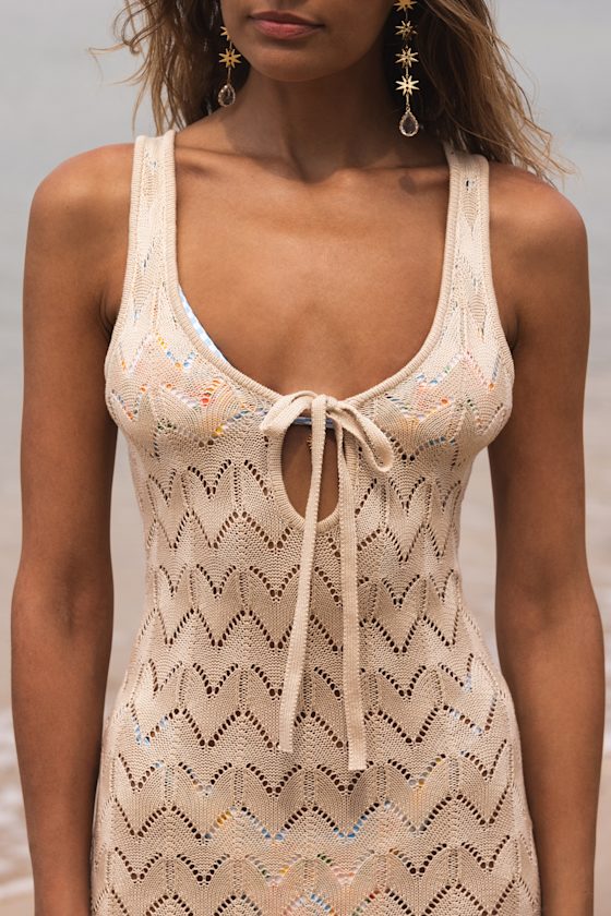 Lulus Cassis Beige Crochet Tie-front Maxi Swim Cover-up In Beige
