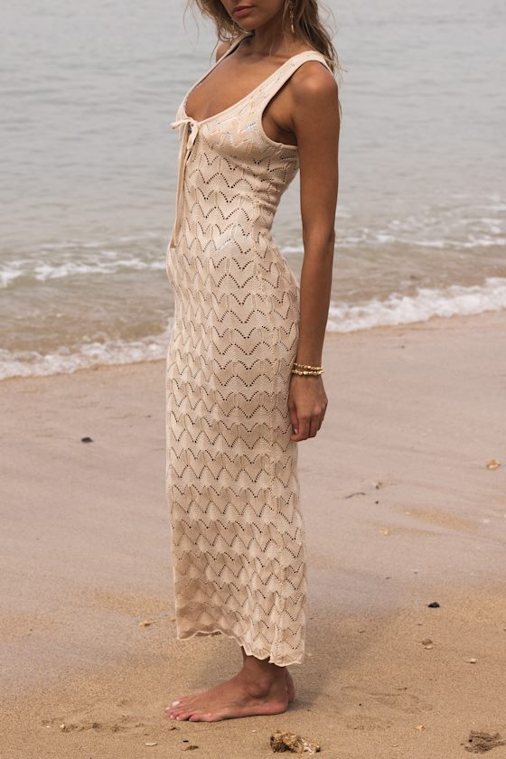 Lulus Cassis Beige Crochet Tie-front Maxi Swim Cover-up In Beige
