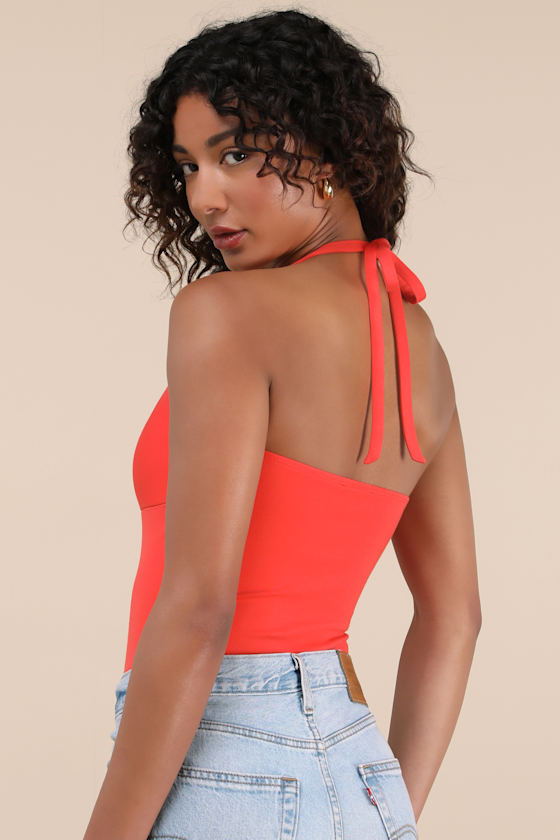 LULUS AMBERLYN BRIGHT RED HALTER NECK BODYSUIT 