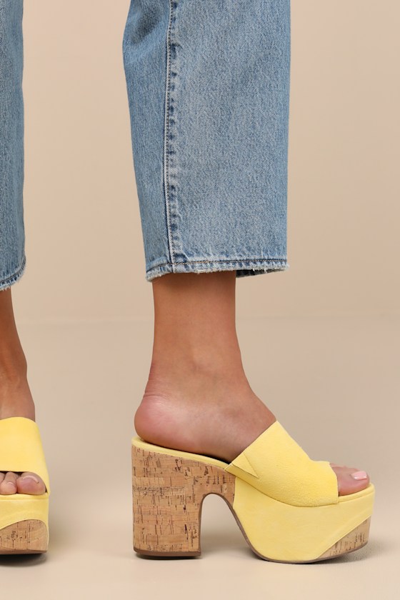 Schutz Dalle Wave - Yellow Suede Sandals - Platform Slide Sandals