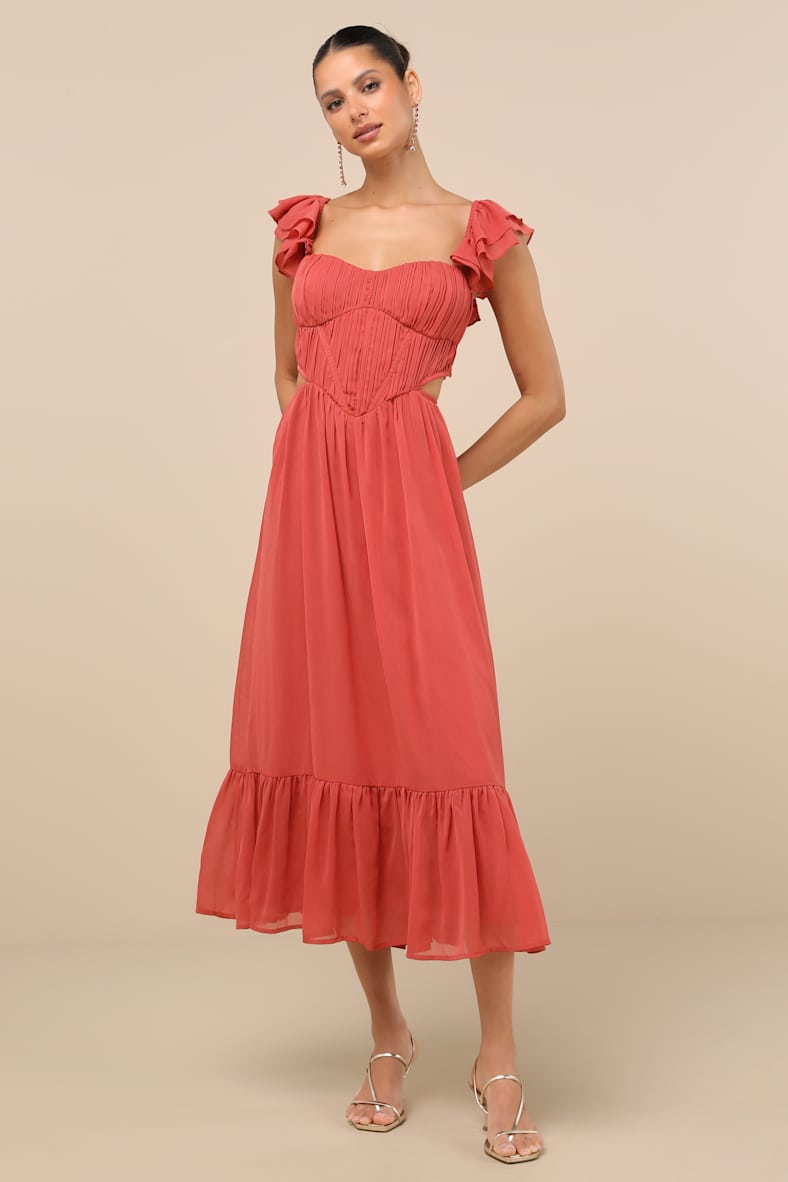 Mio Rusty Rose Pleated Tie-Back Midi Dress