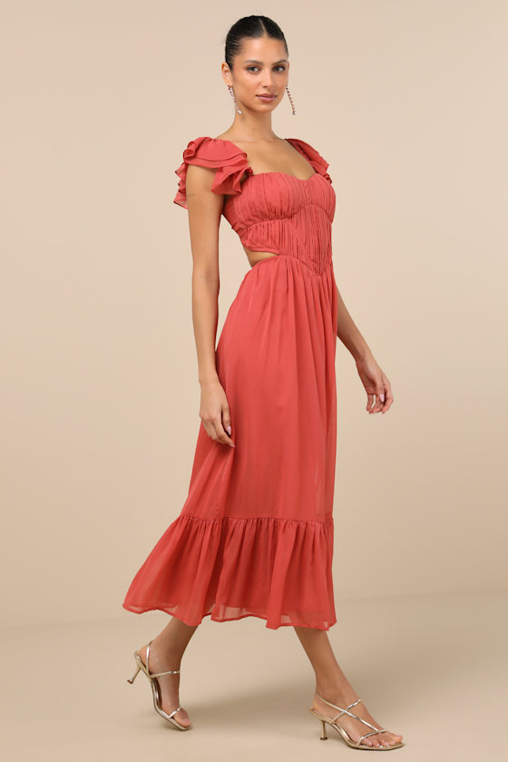 Mio Rusty Rose Pleated Tie-Back Midi Dress