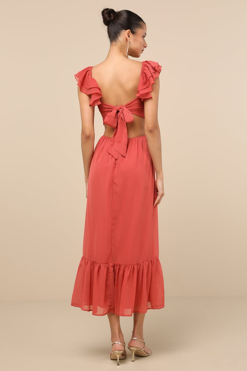 Mio Rusty Rose Pleated Tie-Back Midi Dress