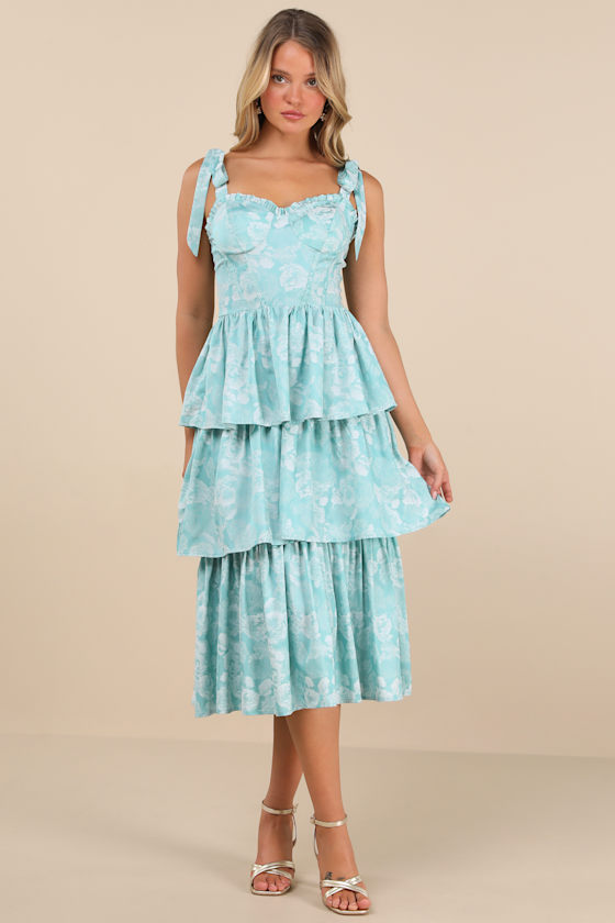 Lulus Lovely Bliss Aqua Floral Jacquard Strapless Bustier Midi Dress