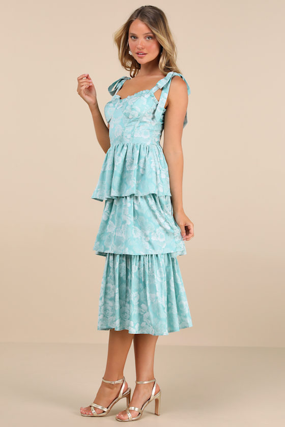 Lulus Lovely Bliss Aqua Floral Jacquard Strapless Bustier Midi Dress