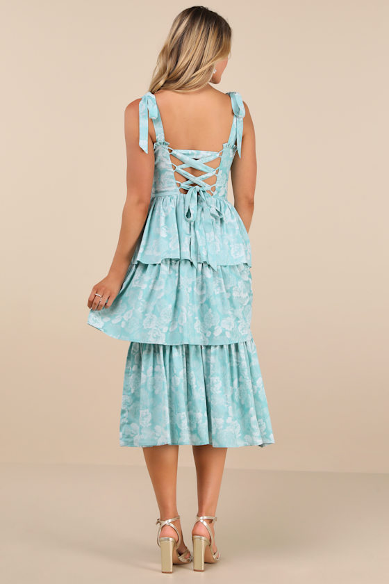 Lulus Lovely Bliss Aqua Floral Jacquard Strapless Bustier Midi Dress