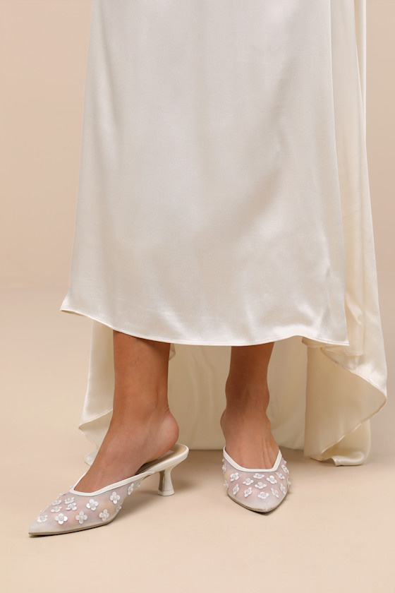 Clara Pearl True White Daisy Mesh Kitten Heel Mule Pumps 1