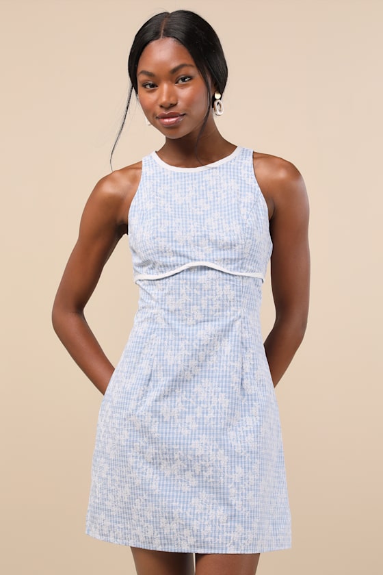 Lulus Berendina Blue Gingham Embroidered Mini Dress