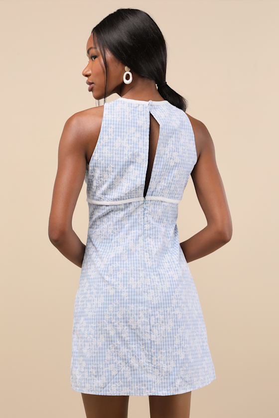 Lulus Berendina Blue Gingham Embroidered Mini Dress