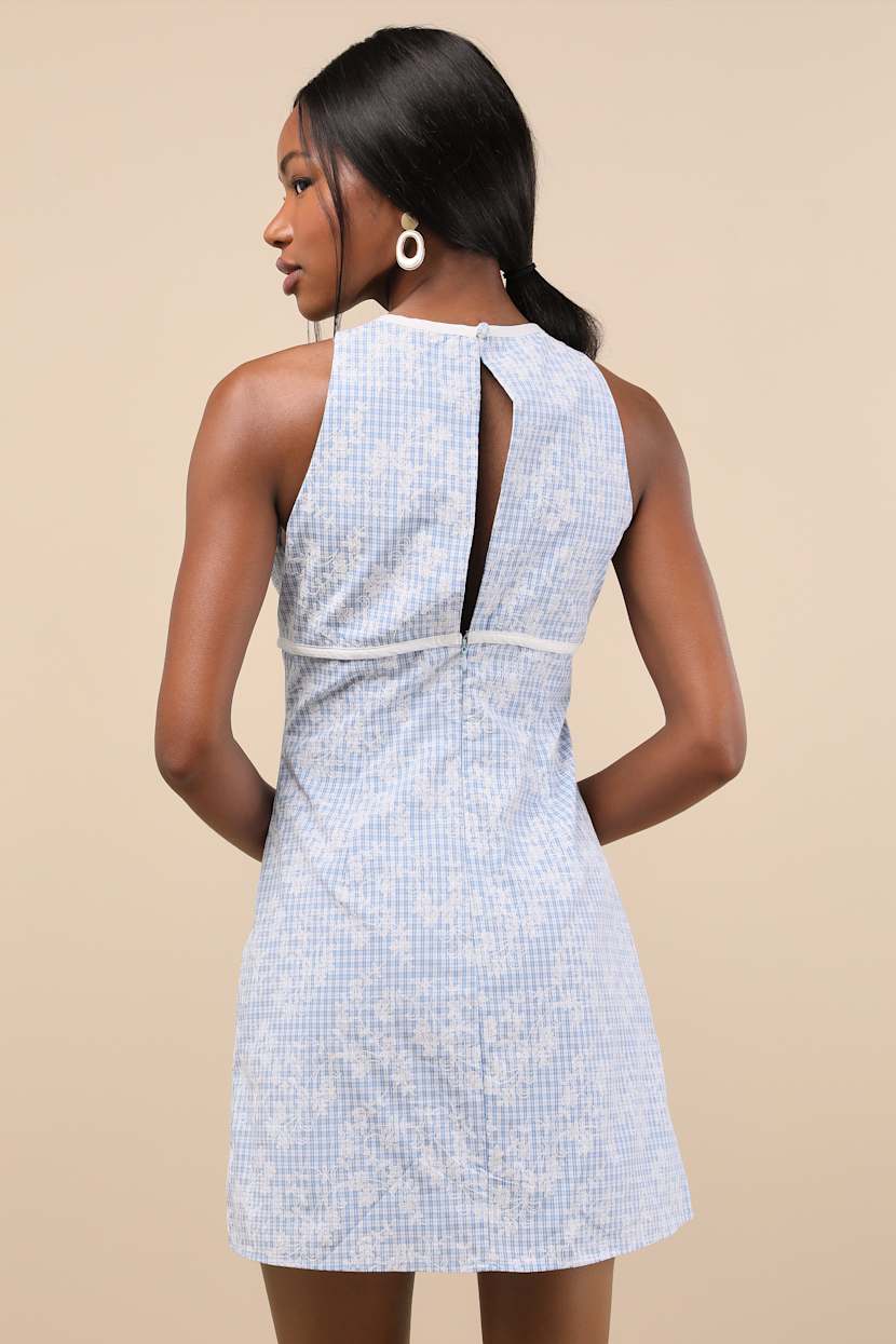 Berendina Blue Gingham Embroidered Mini Dress