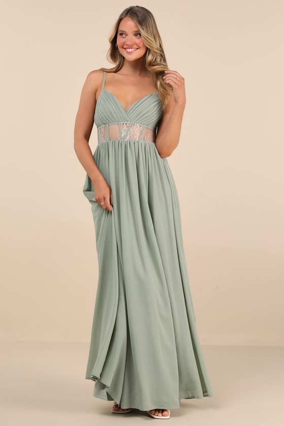 Image of Kaylin Sage Pleated Lace Maxi Dress