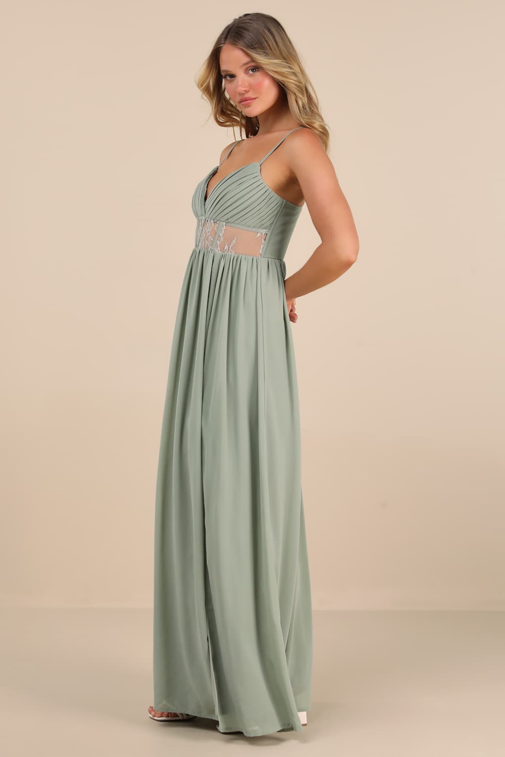 Kaylin Sage Pleated Lace Maxi Dress