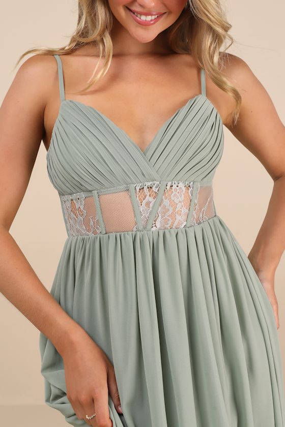 Lulus Kaylin Sage Pleated Lace Maxi Dress In Multi